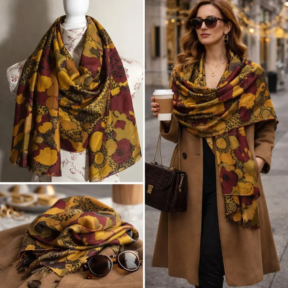 🌿 Vintage-Inspired Mustard & Oxblood Graphic Scarf Mid-Century Modern